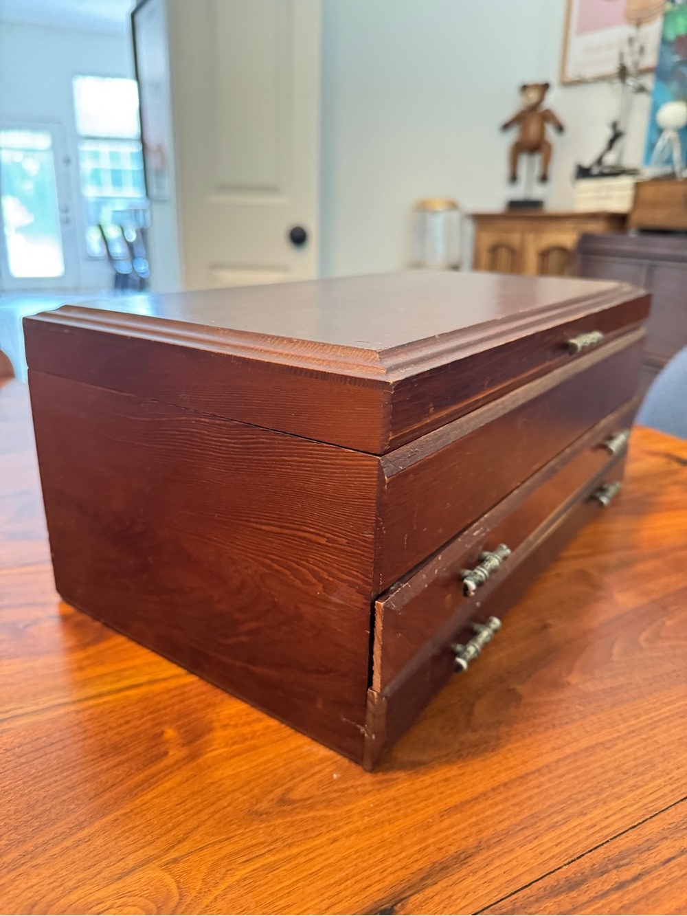 Vintage London Leather Wood Jewelry Box Chest With Interior Mirror 14" × 8" × 6" - Picture 3 of 16
